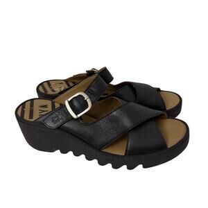 Fly London Sandals Womens Size 10 Black Leather Wedge BOCY409FLY Shoes EU 41